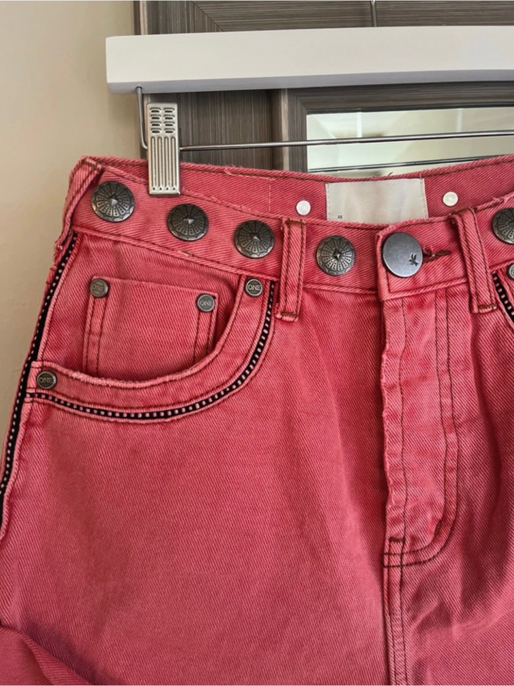 One Teaspoon High-Rise Coral Denim Jeans with Decorative Buttons